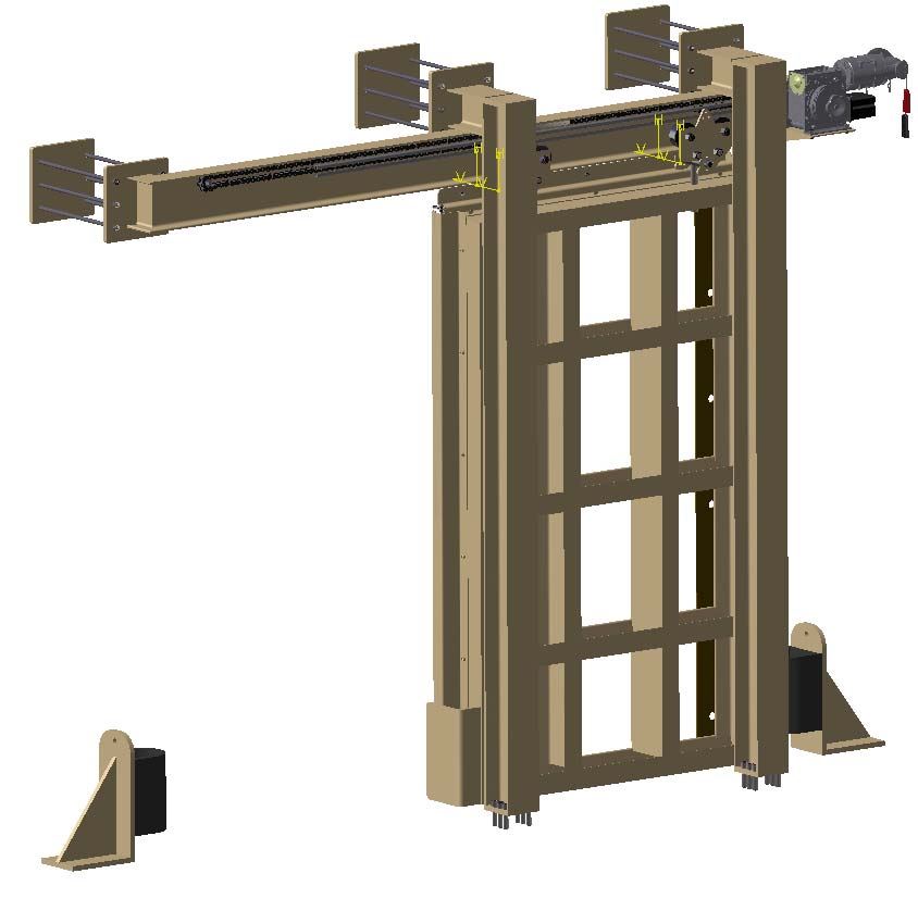 3D CAD model of a chain-driven sliding blast door system with drive unit