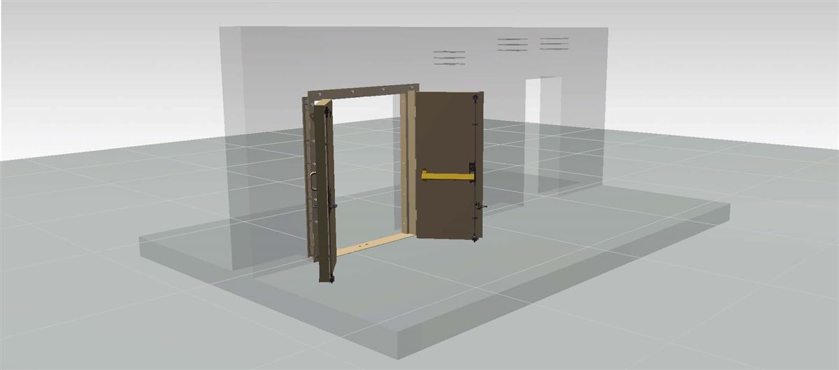 3D engineering model of a twin-leaf blast door and frame within a shelter structure